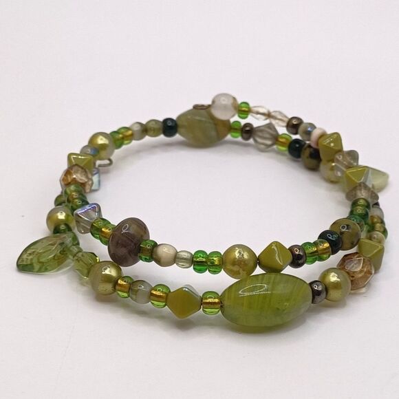 Vintage Spiral Wrap Bracelet with Multiple Shades and Shapes of Green Glass Bead - Picture 1 of 6